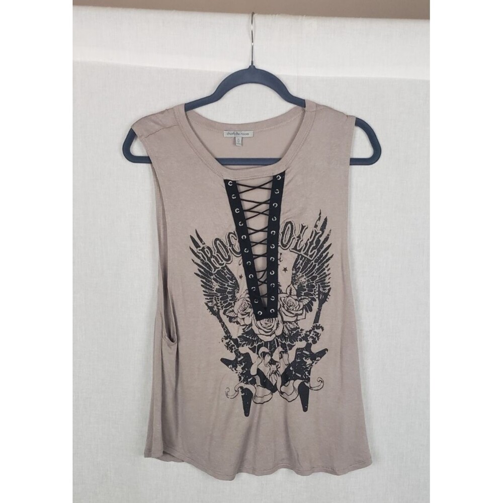 Charlotte Russe Muscle Tank Top M Gray Black Front Lace Up‎ Rose Gothic Grunge